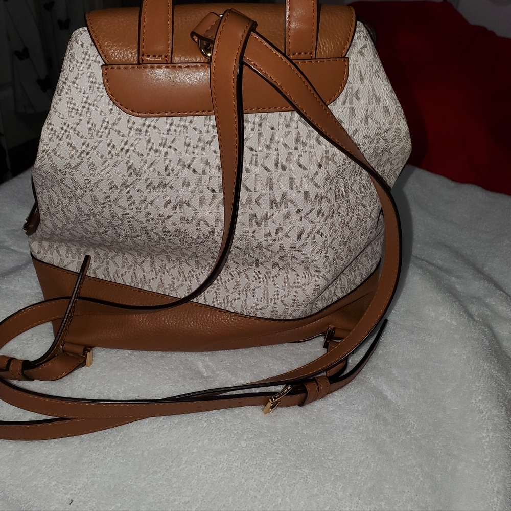 Michael Kors Brown and Beige Logo Canvas Drawstring Backpack with Leather Trim - Picture 2 of 4